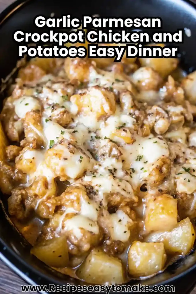 Garlic Parmesan Crockpot Chicken and Potatoes Lazy Dinner Recipe Garlic Parmesan Crockpot Chicken and Potatoes Garlic Parmesan Crockpot Chicken and Potatoes pin image featuring cheesy potato dinner.