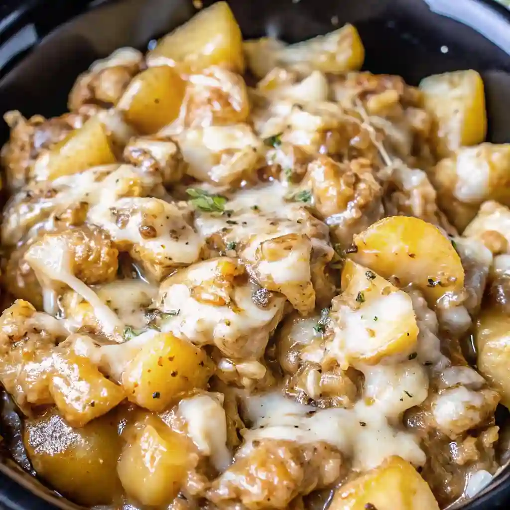 Garlic Parmesan Crockpot Chicken and Potatoes Lazy Dinner Recipe Garlic Parmesan Crockpot Chicken and Potatoes Cheesy Garlic Parmesan Crockpot Chicken and Potatoes topped with melted cheese.
