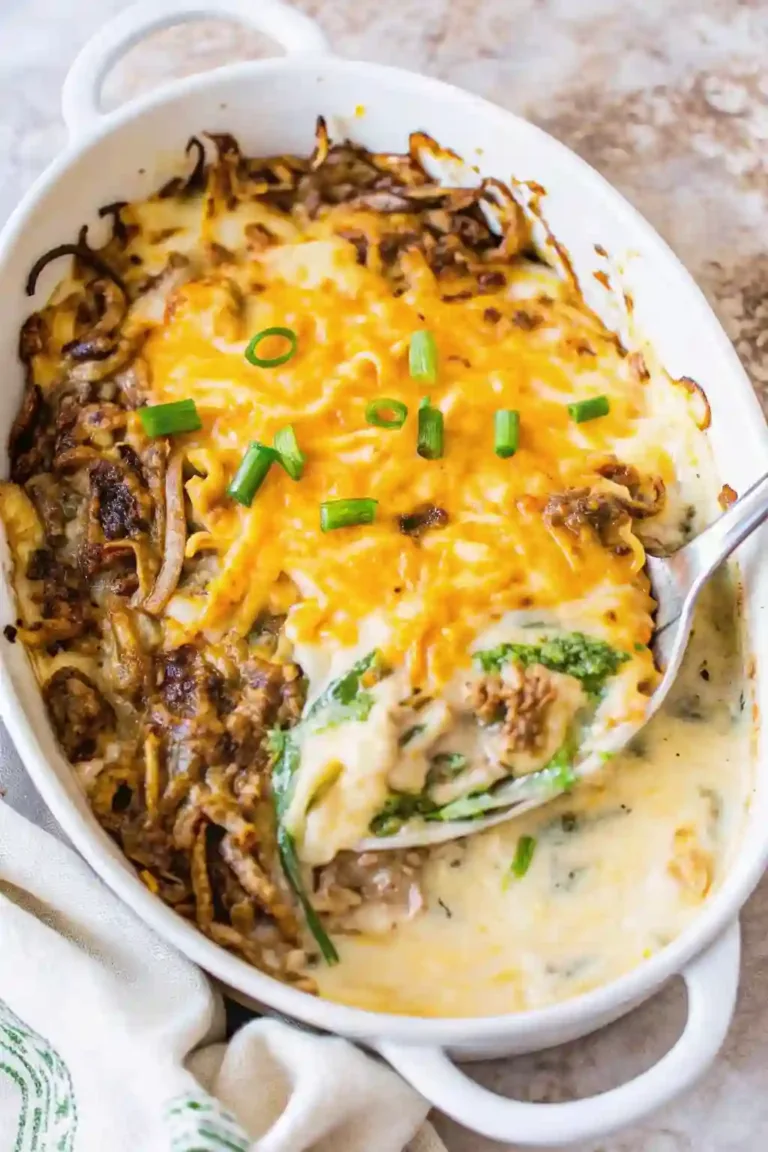 Green Bean Casserole with Crispy Potatoes Best Holiday Recipe baked potato casserole Homemade green bean casserole recipe featuring green beans, potatoes, creamy sauce, and crunchy onions.