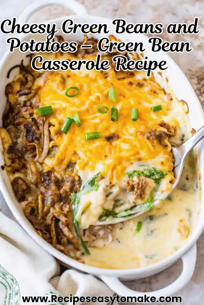 Green Bean Casserole with Crispy Potatoes Best Holiday Recipe Green Bean Casserole with Crispy Potatoes Cheesy green bean casserole with crispy potatoes baked in a white dish topped with golden melted cheese.