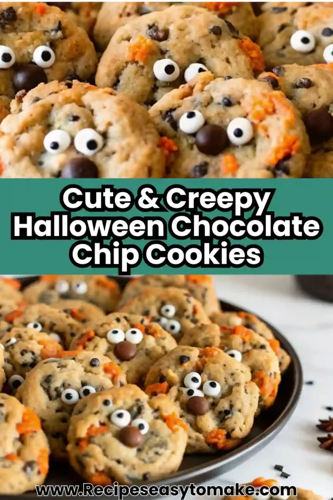 Halloween Chocolate Chip Cookies | Easy and Fun Recipe for Fall Halloween Chocolate Chip Cookies Halloween Chocolate Chip Cookies pin image showing festive spooky cookies with candy eyes.