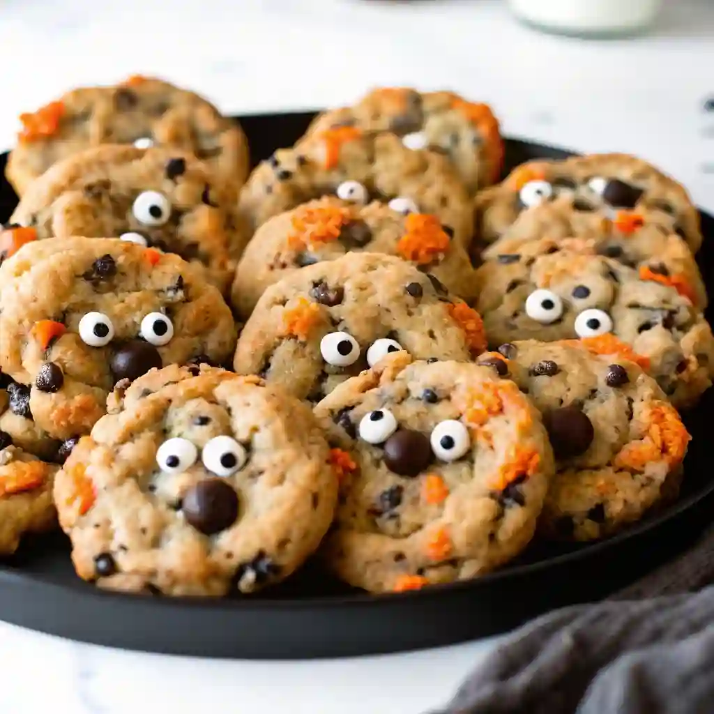 Halloween Chocolate Chip Cookies | Easy and Fun Recipe for Fall Halloween Chocolate Chip Cookies Halloween Chocolate Chip Cookies with candy eyes and orange sprinkles for a spooky look.