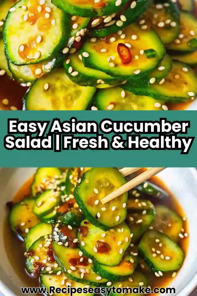 Healthy Easy Asian Cucumber Salad | Fresh 5 Minute Salad Easy Asian Cucumber Salad Chopsticks lifting marinated cucumber slices topped with sesame seeds from a bowl of Asian cucumber salad.
