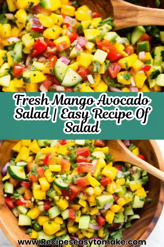 Close-up of a bright and colorful mango salad with avocado, cucumbers, and fresh herbs, mixed and ready to serve in a wooden bowl.