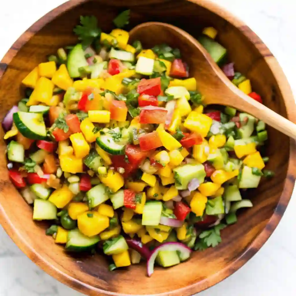 A fresh mango avocado salad in a wooden bowl with cucumbers, tomatoes, red onion, and herbs, served with a wooden spoon for a colorful and healthy side dish.