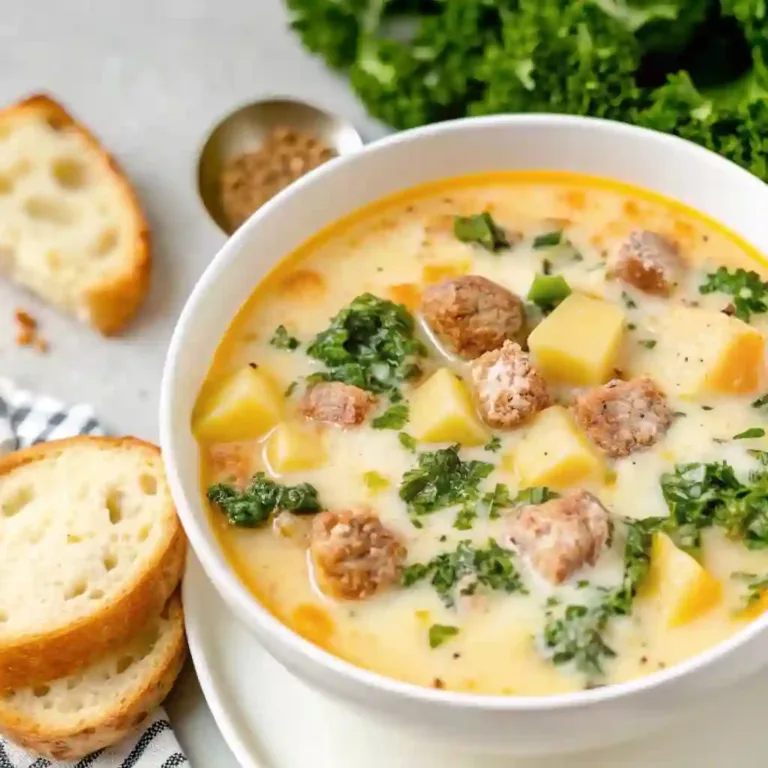 Healthy Slow Cooker Zuppa Toscana Soup One-Pot Hamburger Soup with Macaroni Healthy Zuppa Toscana soup in a white bowl with sausage, potatoes, kale, and creamy broth, served with slices of crusty bread.