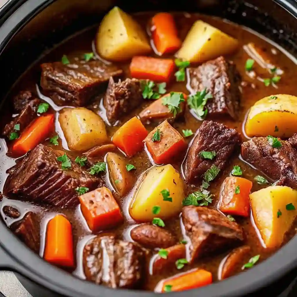 Hearty Crock Pot Beef Stew Recipe Comfort Made Easy Hearty Crock Pot Beef Stew Recipe Crock Pot Beef Stew pin image highlighting tender beef with carrots and potatoes.