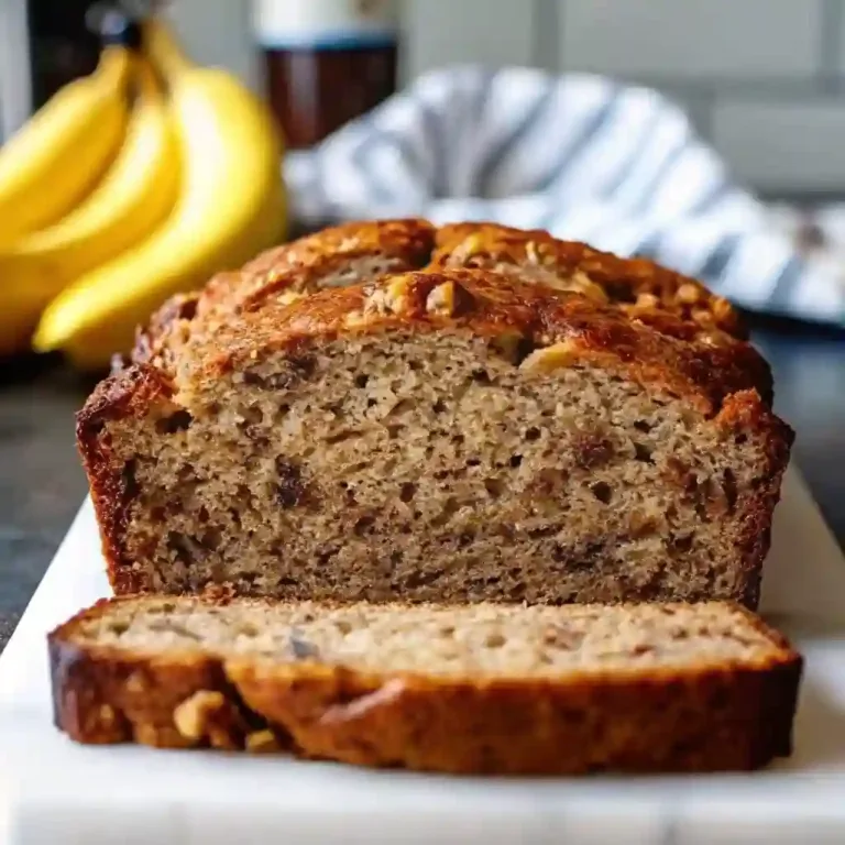 Protein Banana Bread: Easy Healthy Breakfast Loaf Sweet Potato Casserole with Pecans High protein banana bread loaf sliced on a cutting board, soft and moist with walnuts and bananas in the background.