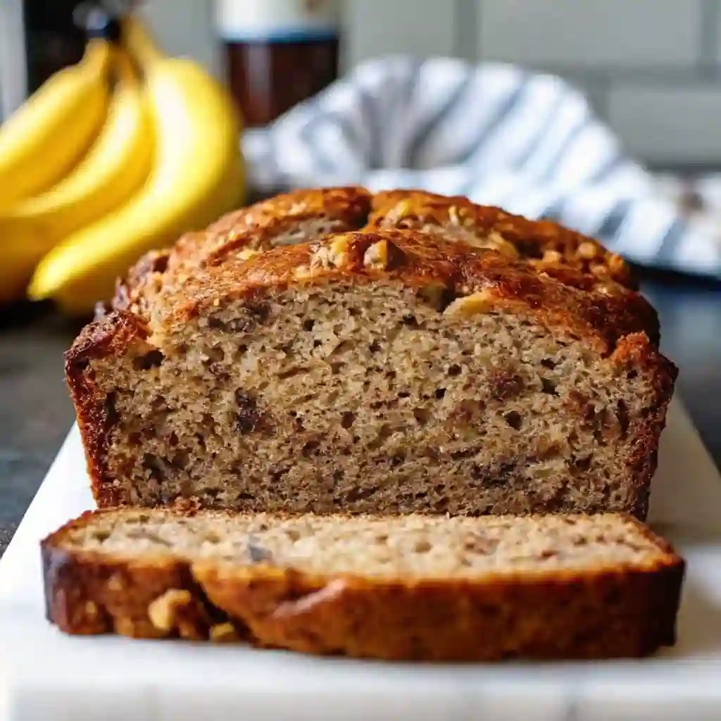 Protein Banana Bread: Easy Healthy Breakfast Loaf High Protein Banana Breakfast Bread High protein banana bread loaf sliced on a cutting board, soft and moist with walnuts and bananas in the background.