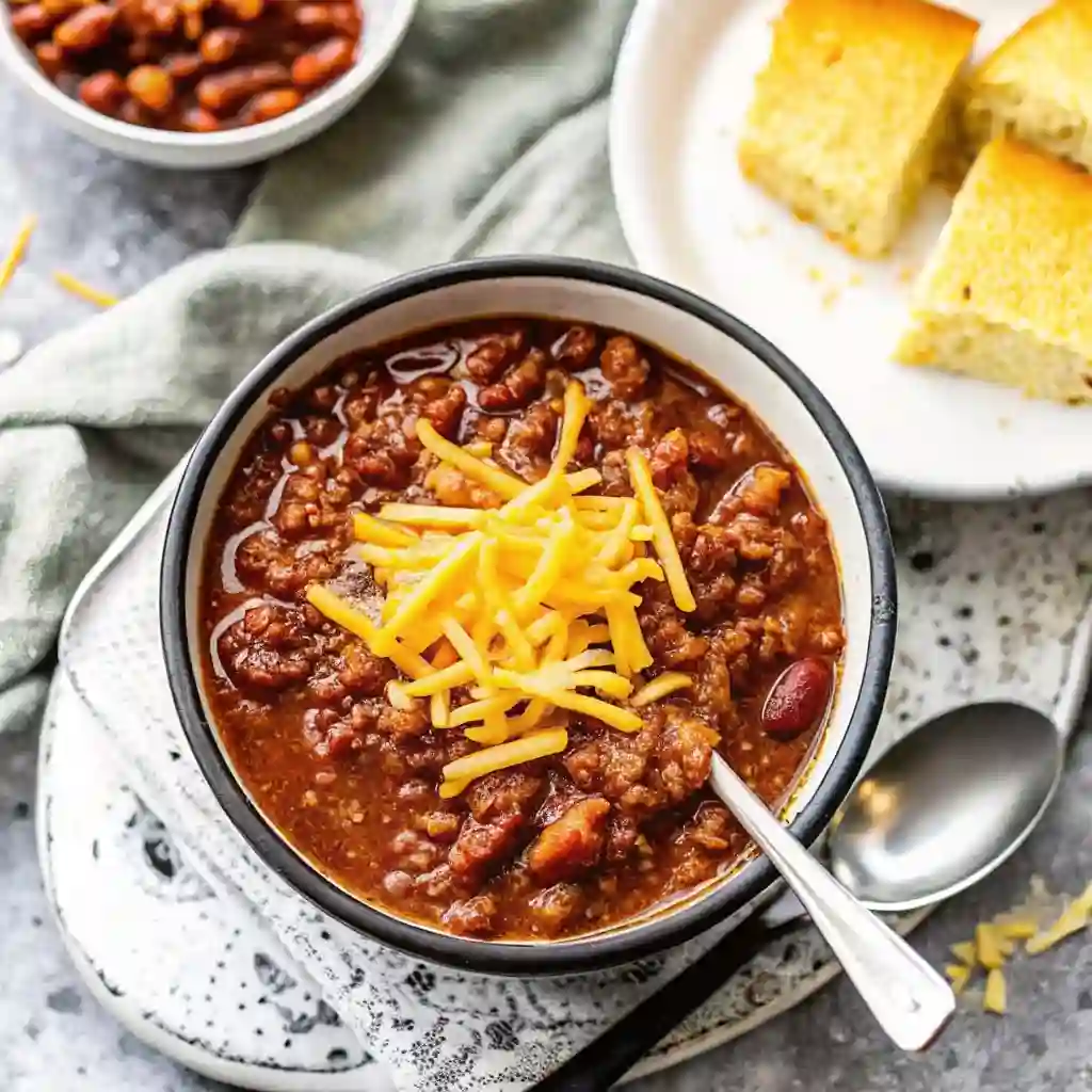 Homemade Chili Recipe Beef Best Comfort Dinner Homemade Chili Classic Homemade Beef Chili topped with shredded cheddar cheese and served with cornbread