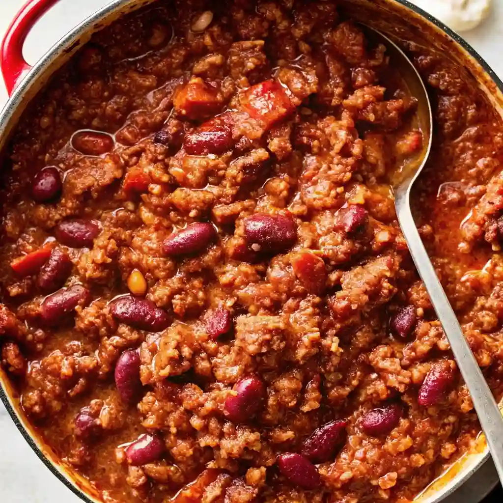 Eat Chili Recipe | Authentic Homestyle Amazing Chili Chili Recipe Homestyle chili recipe served hot in a red Dutch oven, showcasing rich tomato sauce, beans, and tender beef with a ladle inside.