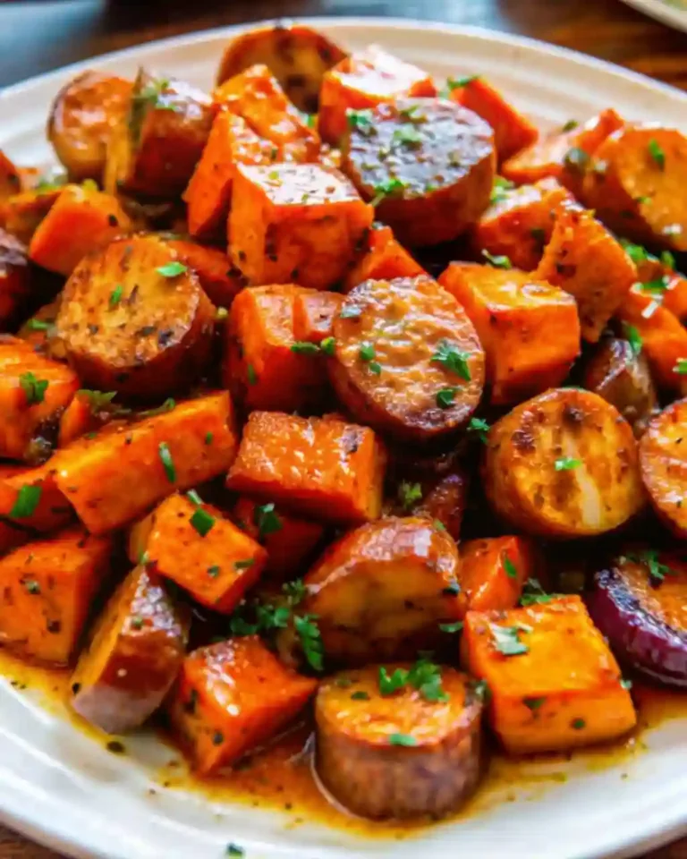 Honey Garlic Sausage Sweet Potatoes | Healthy Easy One Pan Meal Crispy Oven Baked Sweet Potato Fries Honey Garlic Sausage Sweet Potatoes