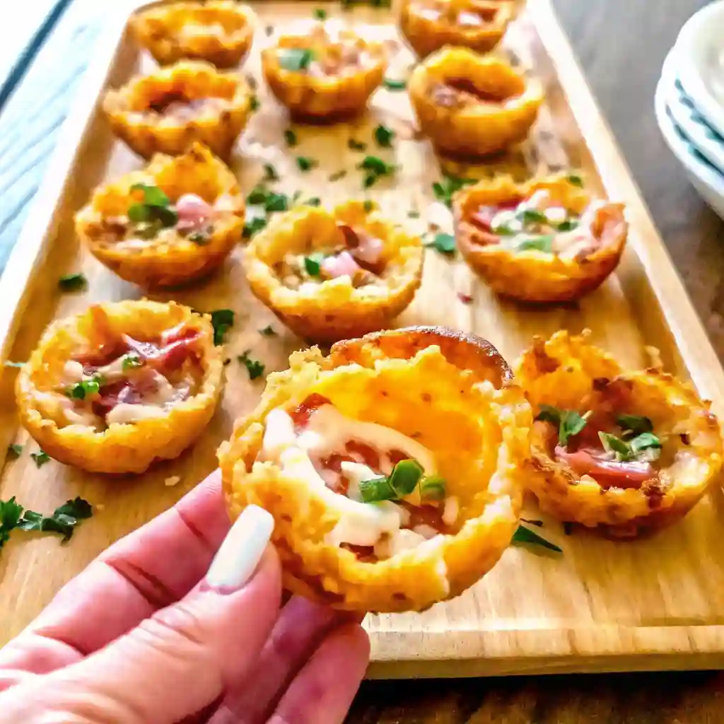 Tater Tot Appetizers Crispy Cheesy And Irresistible Loaded Tater Tot Appetizers Hand holding a Loaded Tater Tot appetizer filled with cheese, bacon, and sour cream.