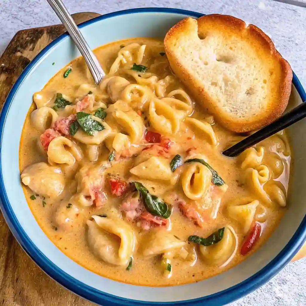 Marry Me Chicken Soup Recipe: A Creamy Tuscan Style Favorite Marry Me Chicken Soup Recipe Creamy Marry Me Chicken Soup with tortellini pasta, spinach, tomatoes, and toasted bread served in a blue bowl