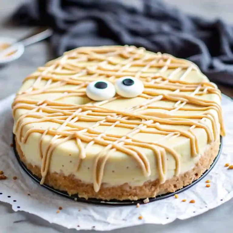 Mummy Cheesecake decorated with candy eyes and drizzled icing for a spooky Halloween party dessert idea.