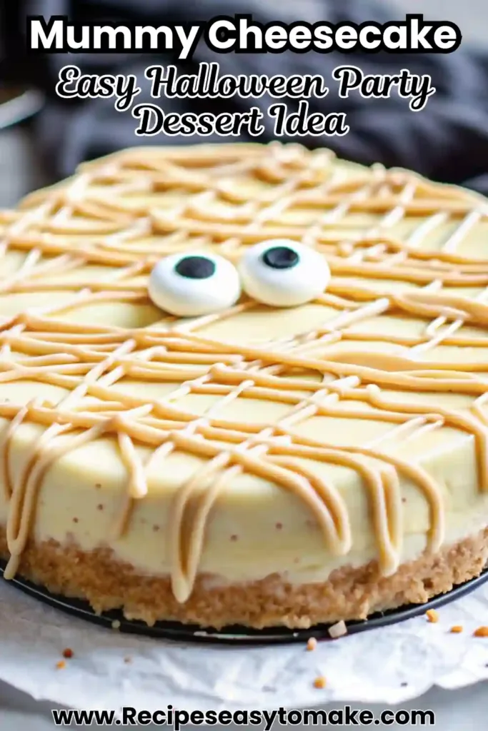 Mummy Cheesecake Halloween Recipe for Spooky Purple Dessert Fun Mummy Cheesecake Close-up of Mummy Cheesecake with golden cookie crust and fun mummy design for Halloween celebrations.
