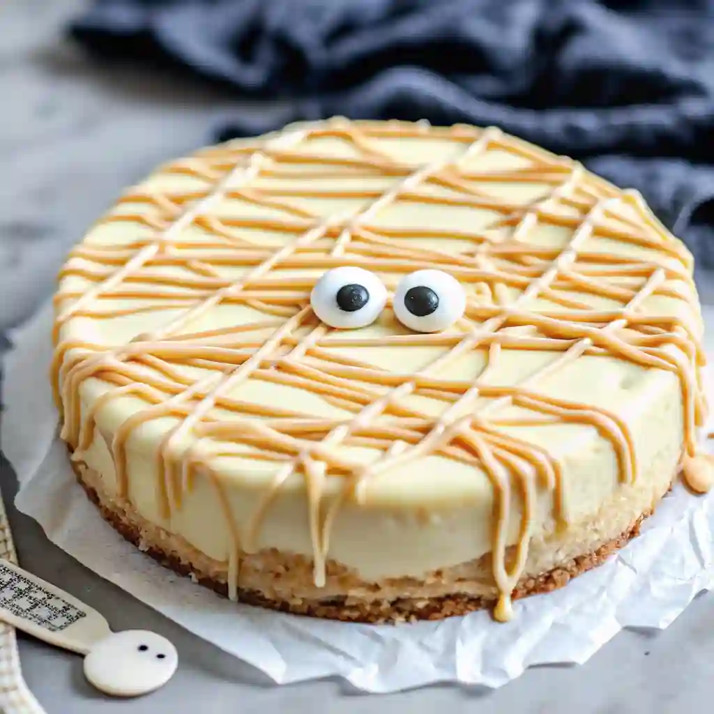 Halloween Cheesecake Recipes Ultimate 5 Spooky Treats Halloween Cheesecake Recipes Mummy Cheesecake decorated with candy eyes and drizzled icing to look like spooky bandages for Halloween.