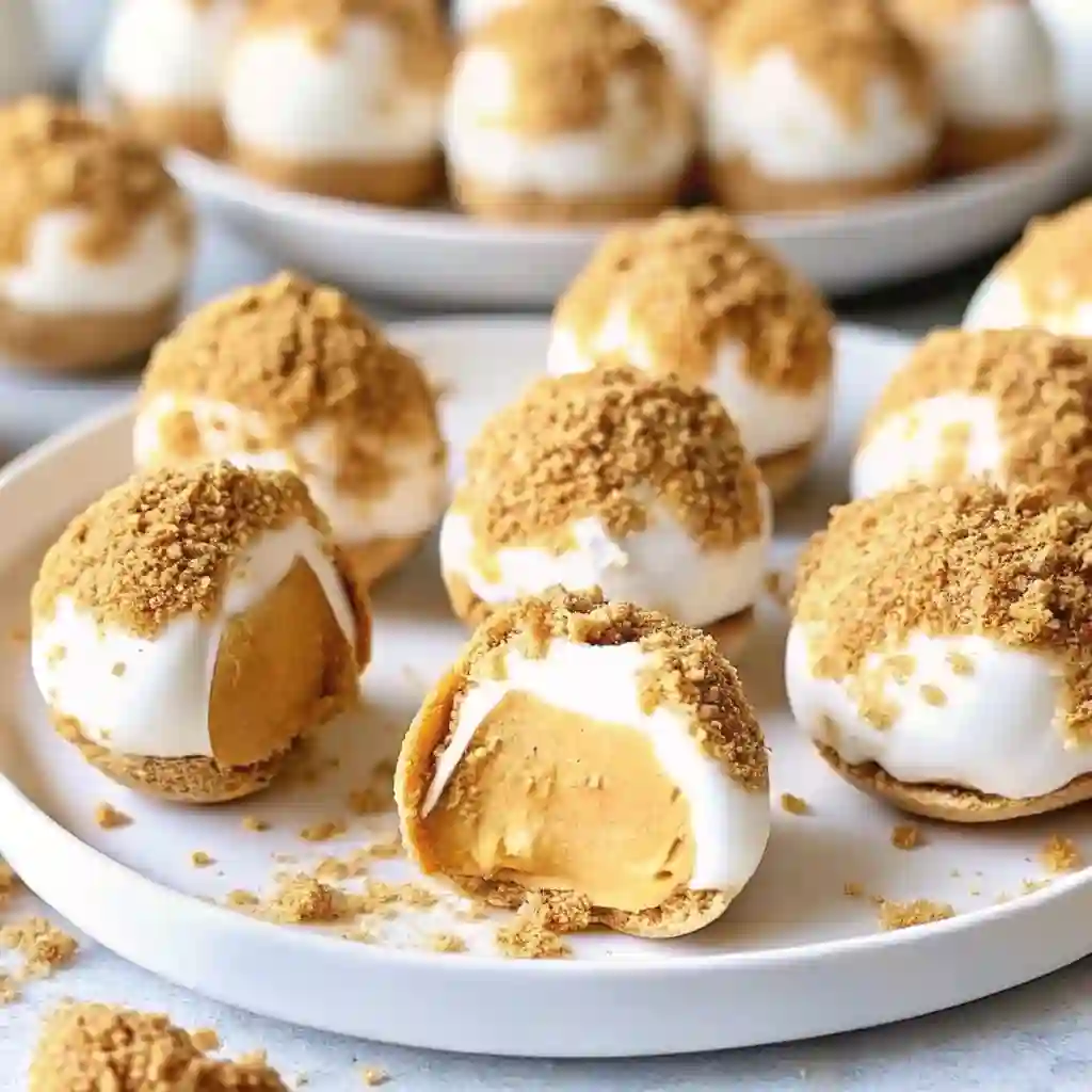 No Bake Pumpkin Cheesecake Balls No Bake Pumpkin Cheesecake Balls No Bake Pumpkin Cheesecake Balls served on a white plate, coated with graham cracker crumbs for a festive fall treat.