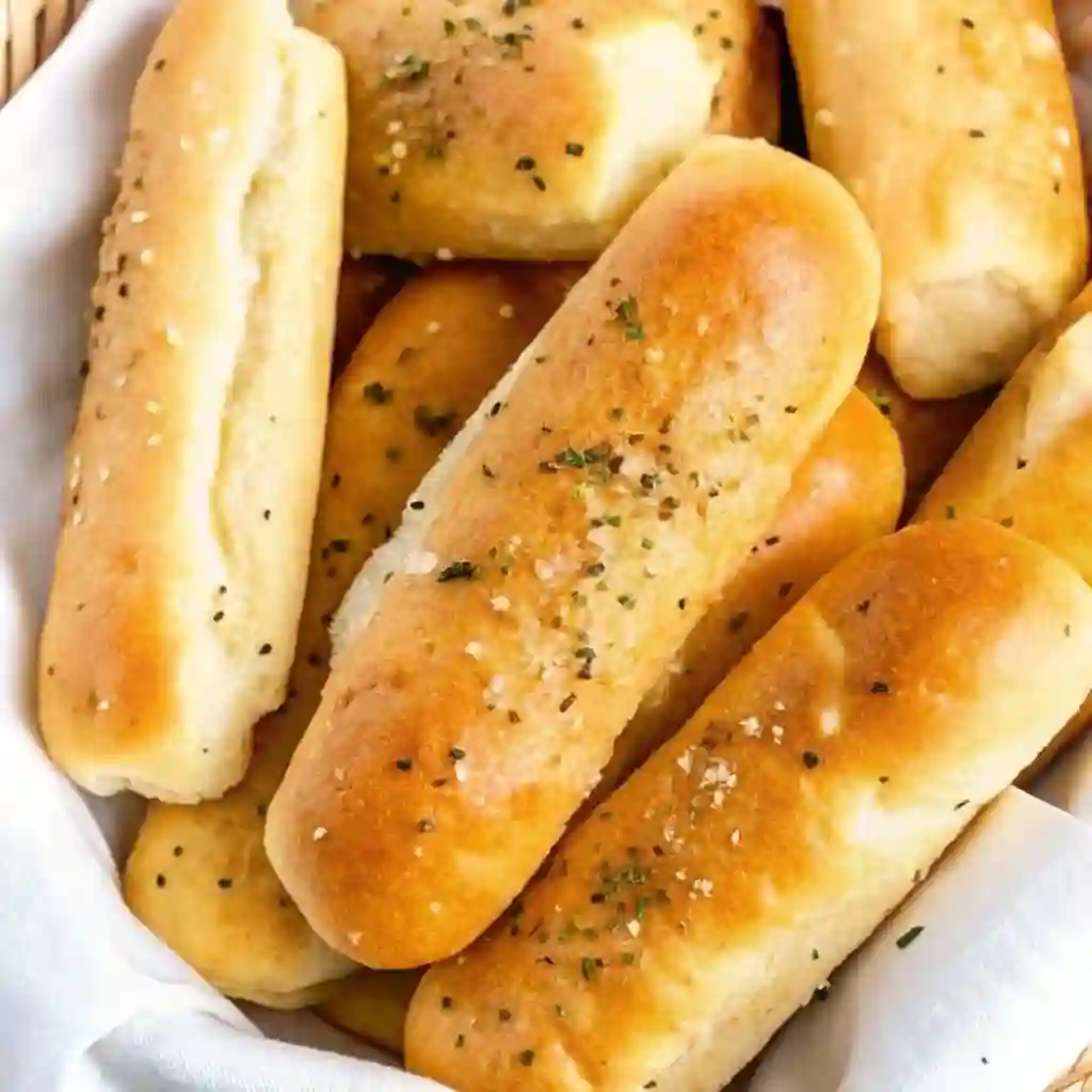 Homemade Olive Garden breadsticks stacked in a basket, brushed with butter and sprinkled with garlic and herbs.