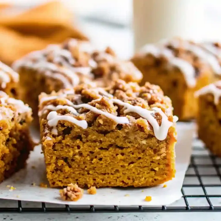 Pumpkin Coffee Cake slices topped with sweet glaze and crumbly streusel cooling on a wire rack.