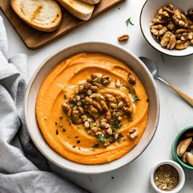 Pumpkin Whipped Feta Dip | Easy Fall Appetizer Idea pumpkin oatmeal bars Overhead bowl of Pumpkin Whipped Feta Dip garnished with walnuts and herbs.