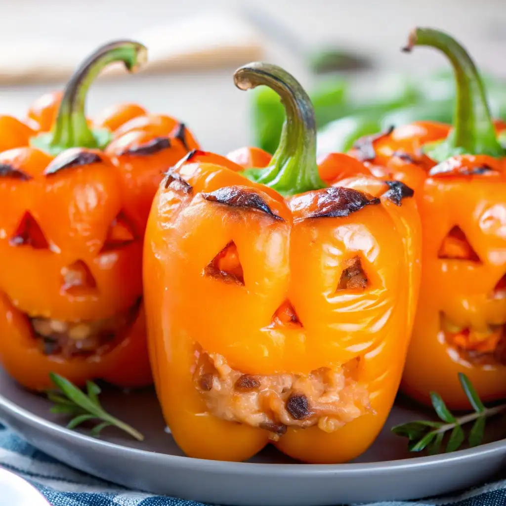 Shredded Chicken Rice Stuffed Peppers | Festive Halloween Dinner Shredded Chicken Rice Stuffed Peppers Shredded Chicken Rice Stuffed Peppers