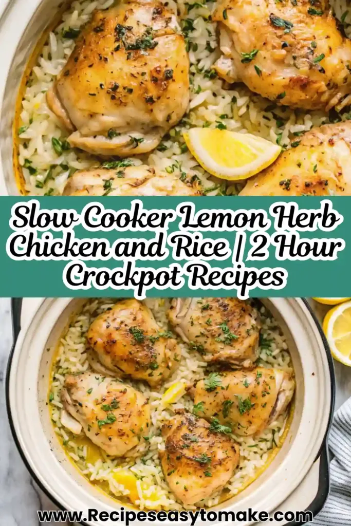 Slow Cooker Lemon Herb Chicken and Rice Comfort Crockpot Recipe Slow Cooker Lemon Herb Chicken and Rice Slow Cooker Lemon Herb Chicken and Rice pin image with golden chicken thighs.