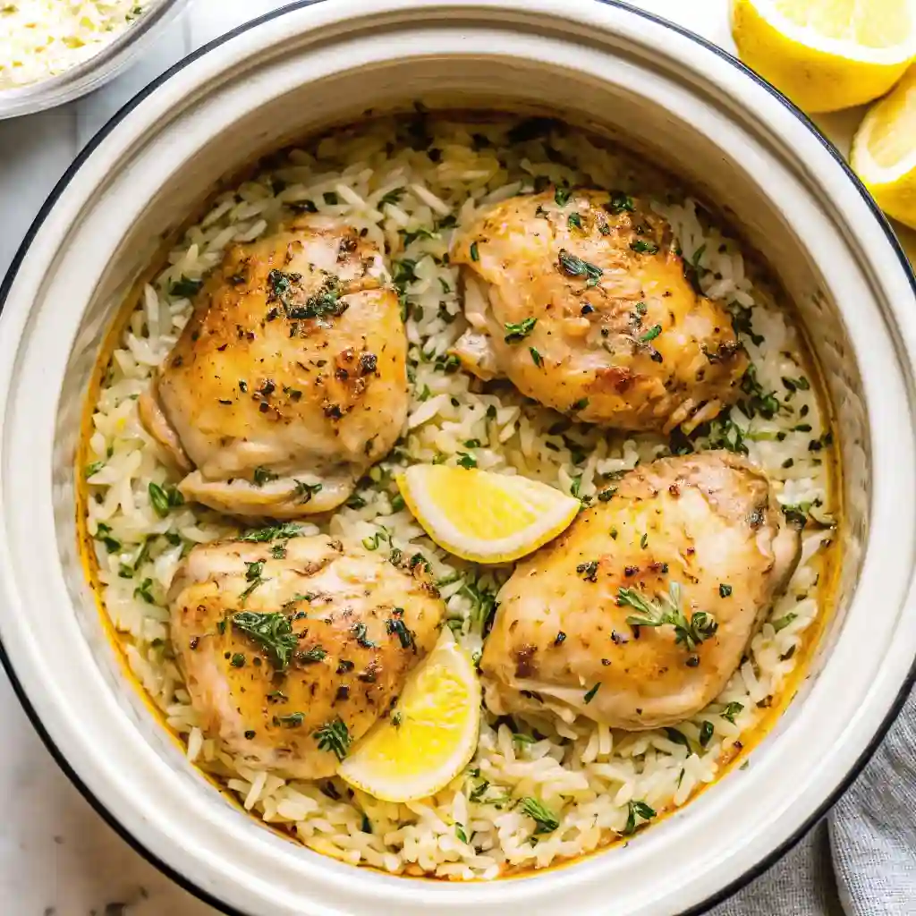 Slow Cooker Lemon Herb Chicken and Rice Comfort Crockpot Recipe Slow Cooker Lemon Herb Chicken and Rice Slow Cooker Lemon Herb Chicken and Rice served with lemon wedges and herbs.