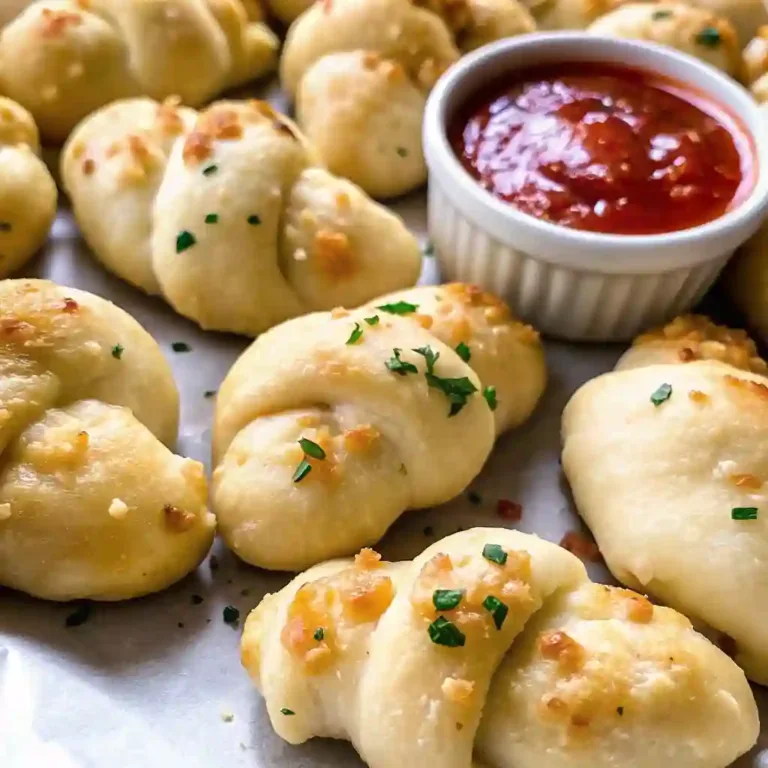 Freshly baked sourdough garlic knots topped with herbs and garlic, served with marinara dipping sauce.