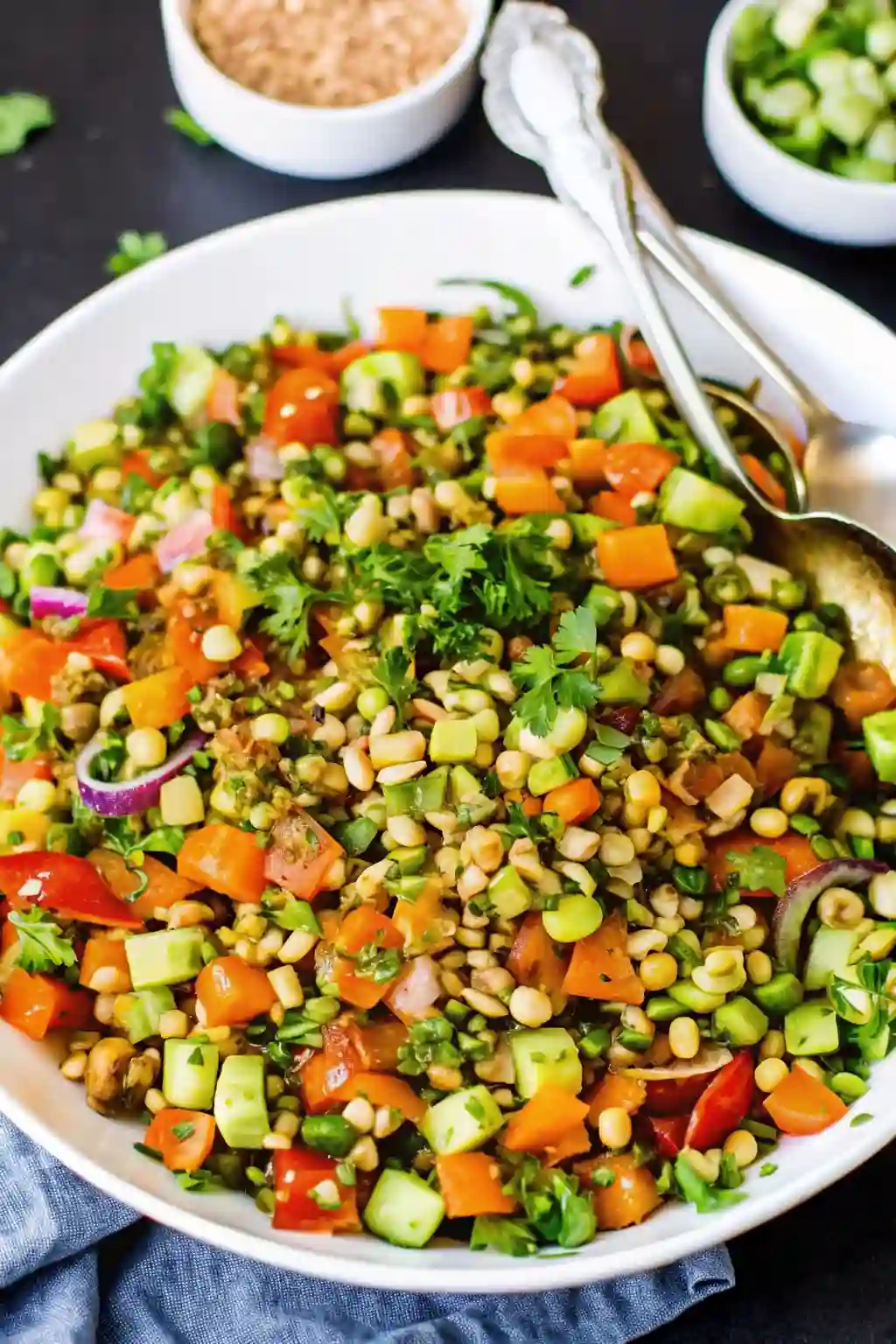 Colorful sprouted mung bean salad with cucumbers, tomatoes, onions, and herbs for a fresh and healthy meal