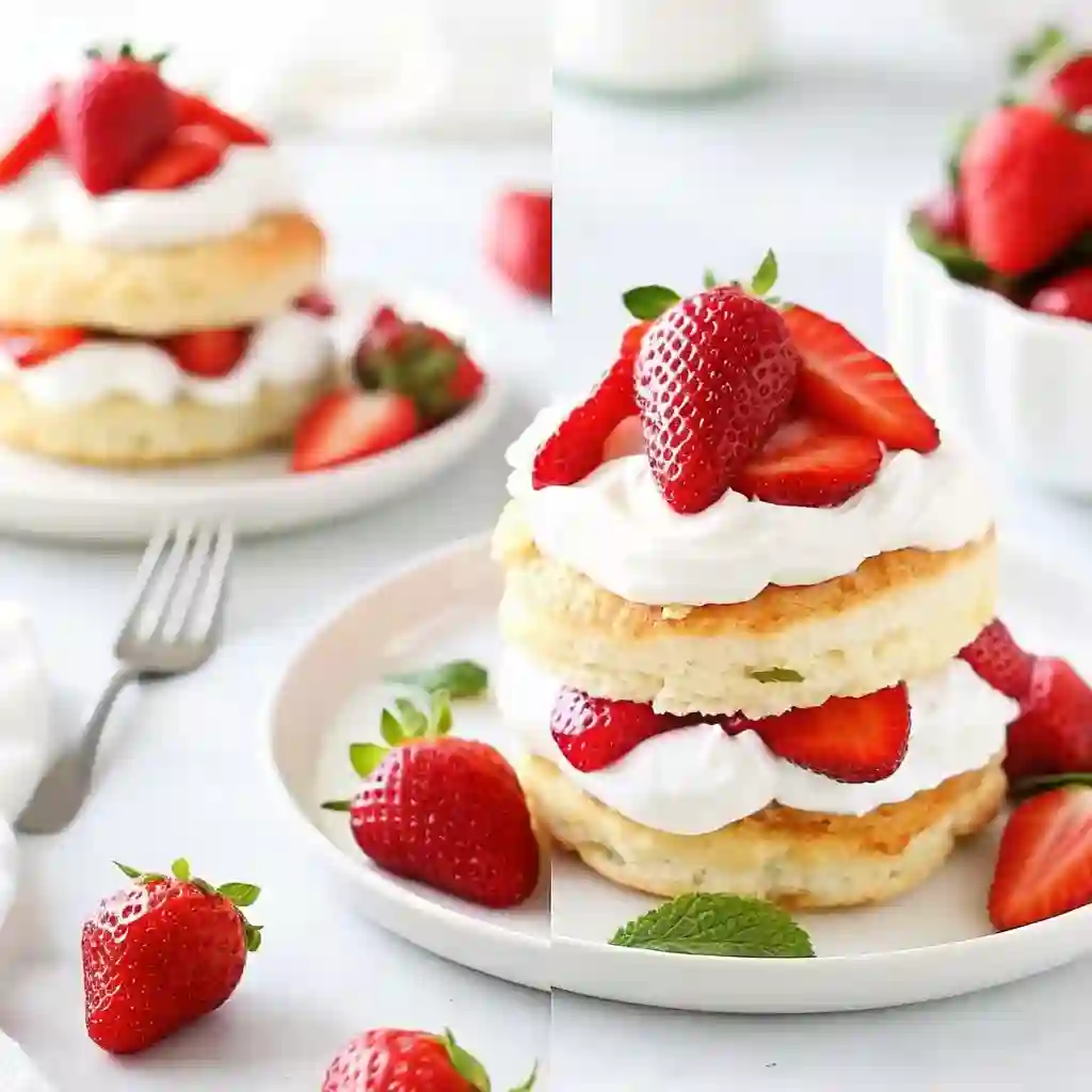 Classic Strawberry Shortcake layered with fresh strawberries and whipped cream