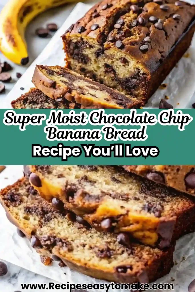 Super Moist Banana Bread and Chocolate Chip Recipe Homemade Super Moist Chocolate Chip Banana Bread Recipe Close-up of chocolate chip banana bread with a golden crust and rich chocolate swirls inside.