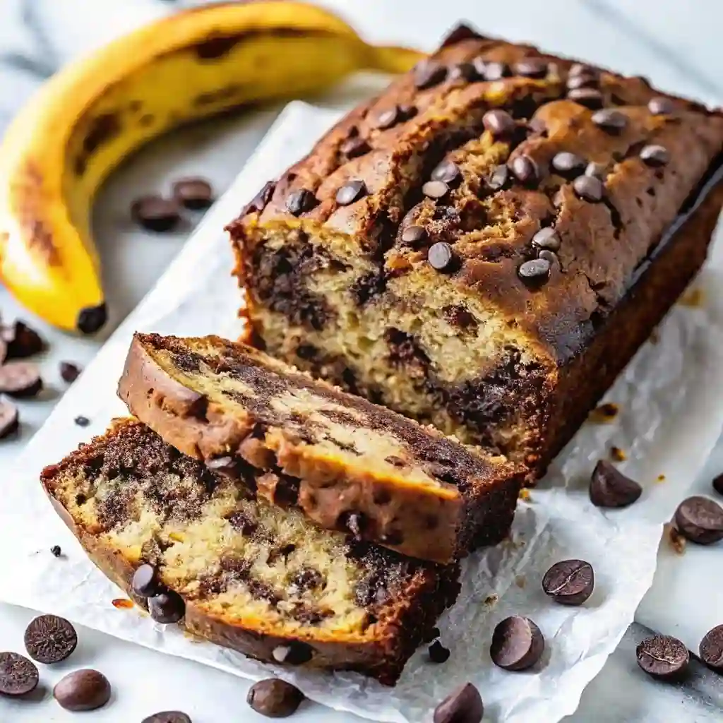 Super Moist Banana Bread and Chocolate Chip Recipe Homemade Super Moist Chocolate Chip Banana Bread Recipe Super moist chocolate chip banana bread loaf sliced on parchment paper with bananas and chocolate chips around.