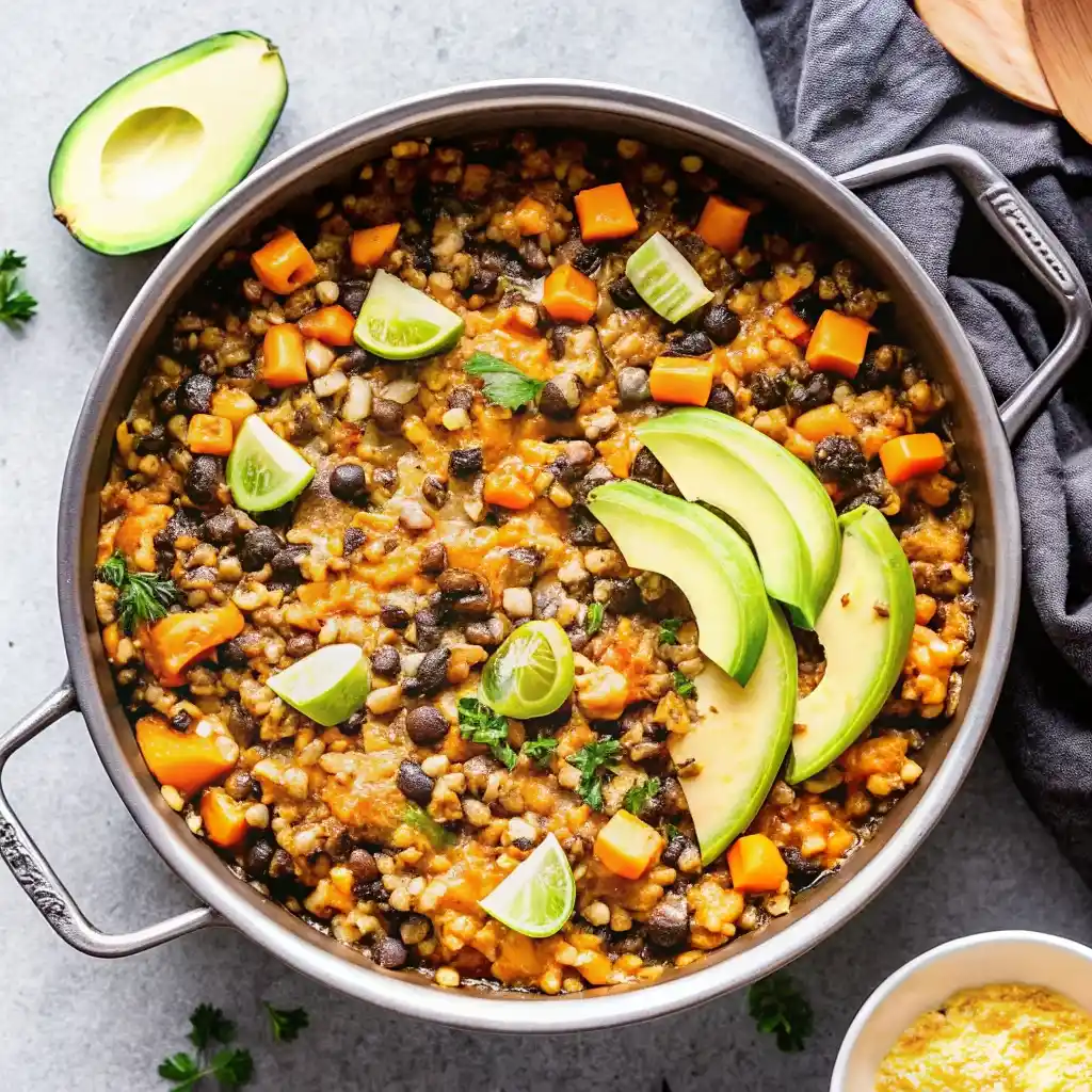 Sweet Potato Black Bean Skillet Easy Tex Mex Dinner Southwest Sweet Potato Black Bean and Rice Skillet Sweet Potato Black Bean Skillet