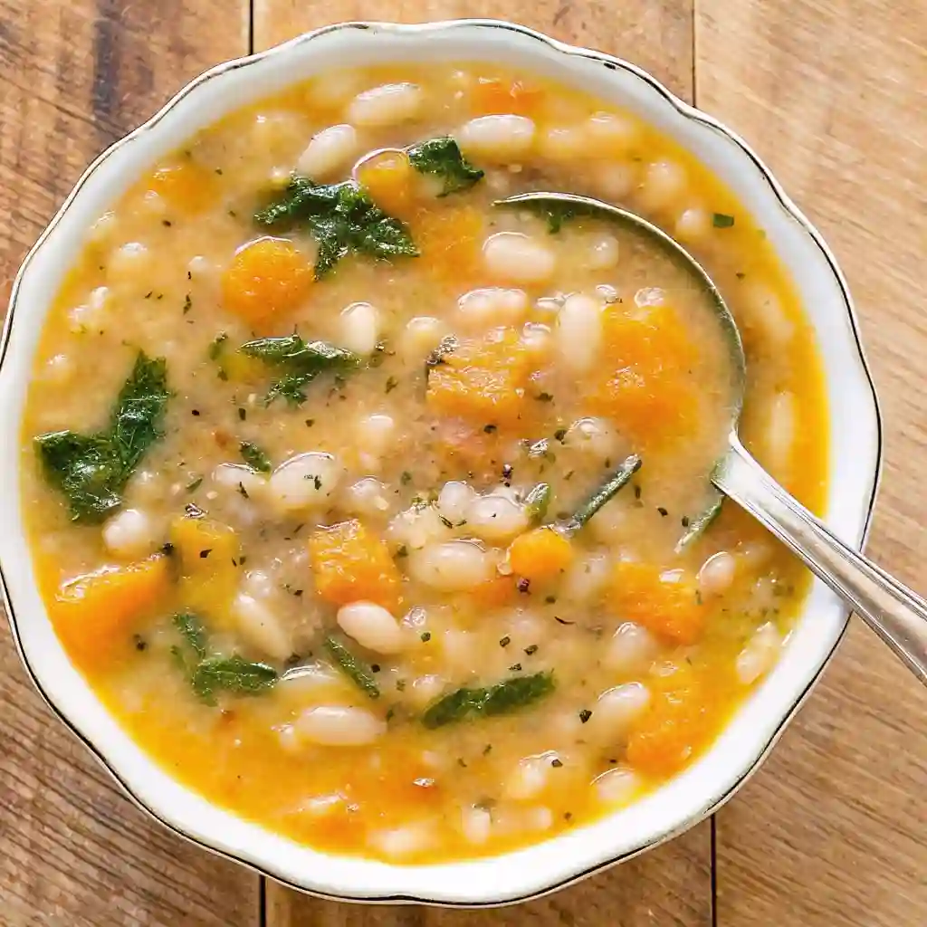 White Bean Soup - Best Bean Soup Recipes WHITE BEAN SOUP Hearty white bean soup with kale and butternut squash served in a white bowl with a spoon, rustic healthy comfort food