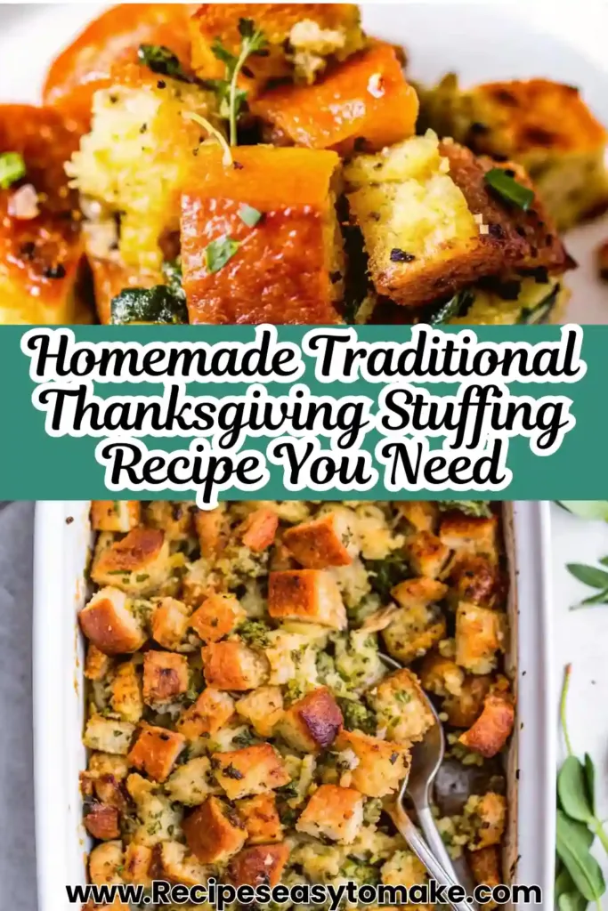 Thanksgiving Stuffing From Scratch | Best Homemade Dressing Recipe Traditional Thanksgiving Stuffing Recipe Homemade Traditional Thanksgiving Stuffing Recipe pin featuring golden bread cubes with herbs