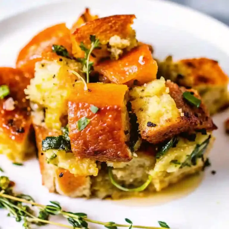 Thanksgiving Stuffing From Scratch | Best Homemade Dressing Recipe Sweet Potato Casserole with Pecans Close up of Traditional Thanksgiving Stuffing Recipe with crispy bread cubes and fresh thyme