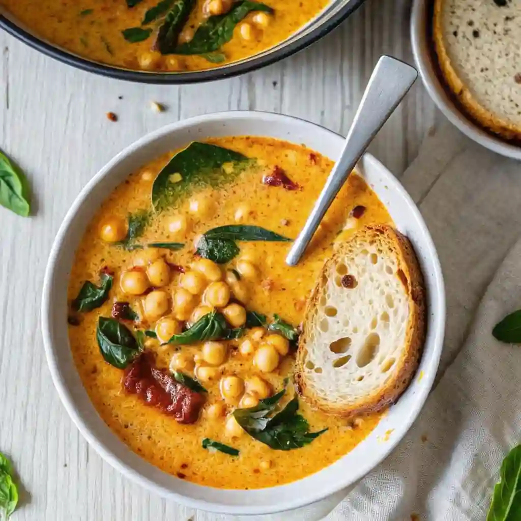 Tuscan Chickpea Soup – 7 Healthy Reasons to Try This Vegan Favorite Tuscan Chickpea Soup Tuscan chickpea soup with spinach, sun-dried tomatoes, and creamy broth served in a white bowl with crusty bread."