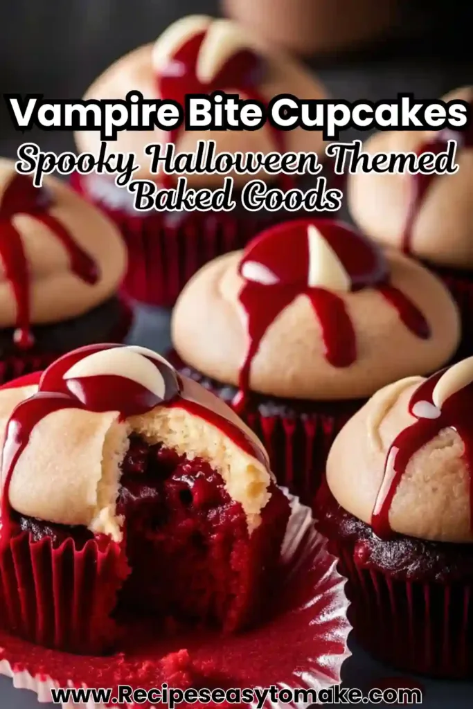 Vampire Bite Cupcakes – Halloween Themed Baked Goods You’ll Love Vampire Bite Cupcakes Halloween red velvet cupcakes decorated with white frosting and dripping red “blood” syrup for a scary treat.