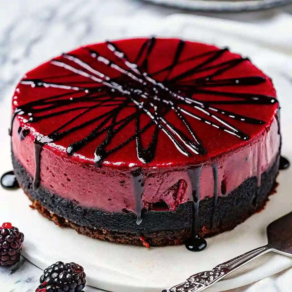Vampire Bite Red Velvet Cheesecake Spooky Purple Dessert Vampire Bite Red Velvet Cheesecake Close-up of Vampire Bite Red Velvet Cheesecake featuring rich layers and dramatic black syrup design.