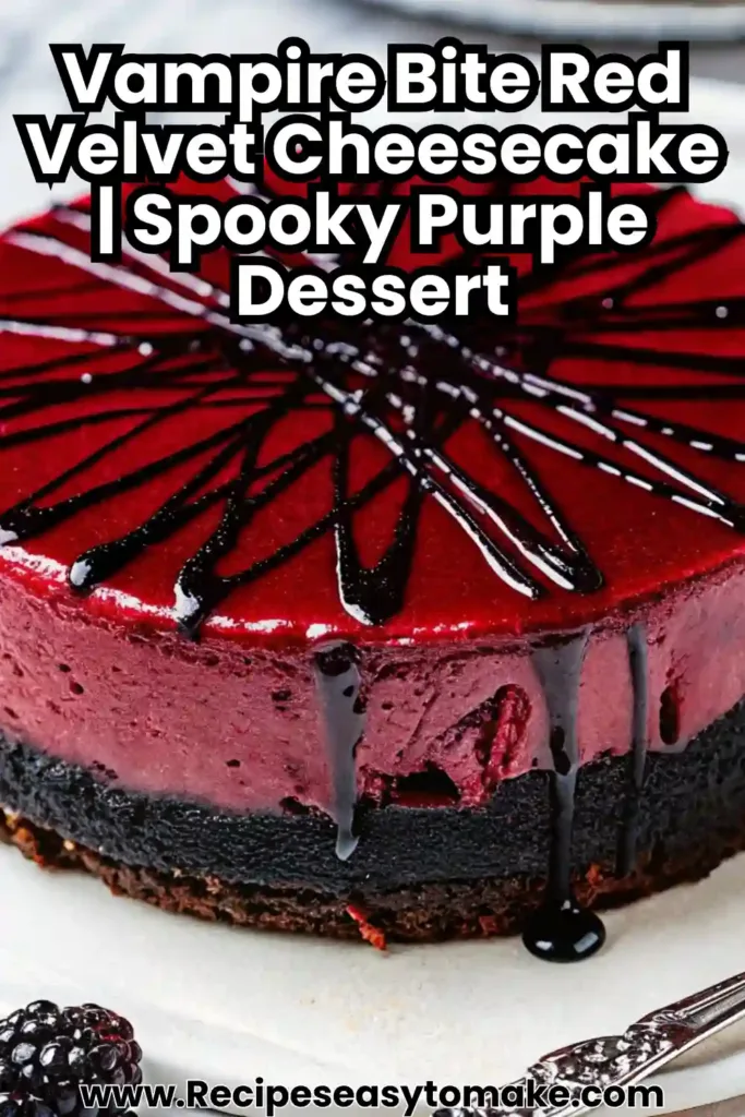 Vampire Bite Red Velvet Cheesecake Spooky Purple Dessert Vampire Bite Red Velvet Cheesecake Vampire Bite Red Velvet Cheesecake with glossy red topping and dark chocolate drizzle, spooky Halloween dessert.