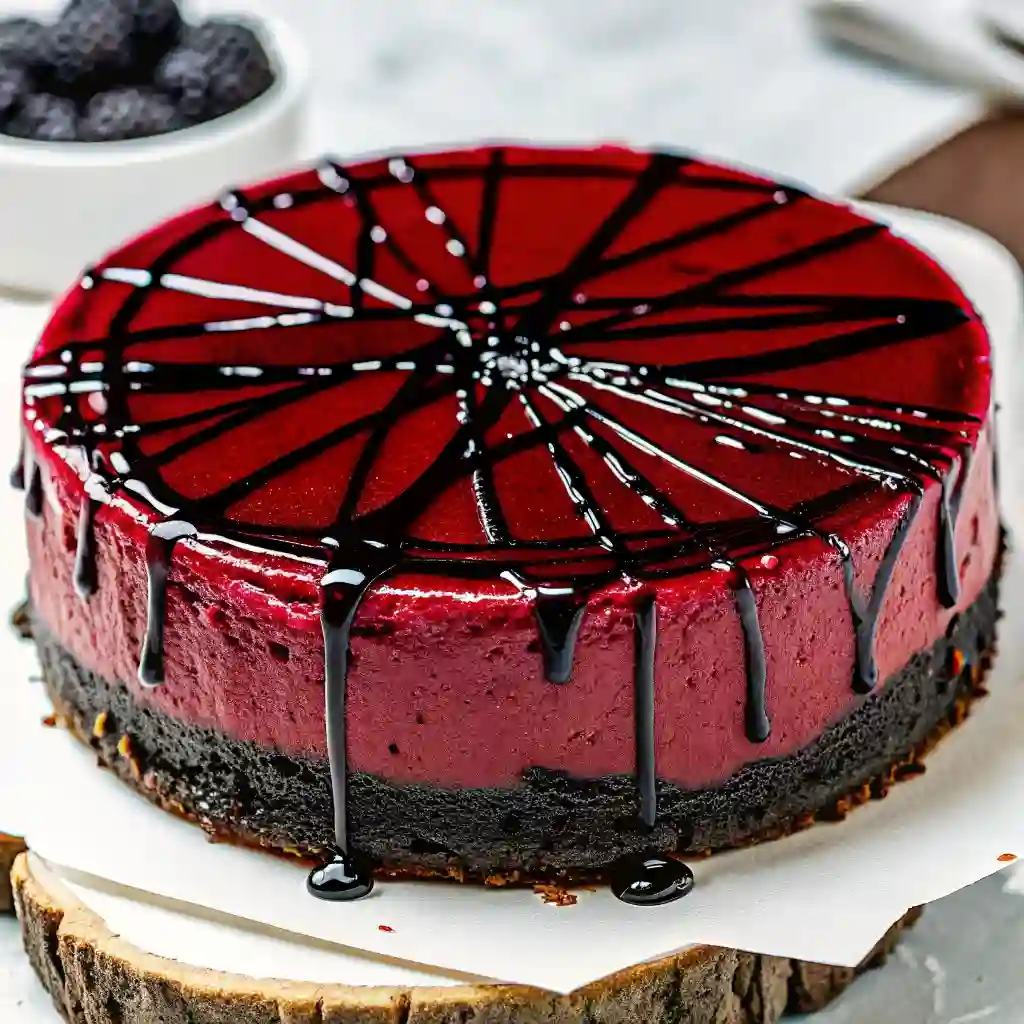 Halloween Cheesecake Recipes Ultimate 5 Spooky Treats Halloween Cheesecake Recipes Vampire Bite Red Velvet Cheesecake topped with dark chocolate drizzle, spooky Halloween dessert idea.