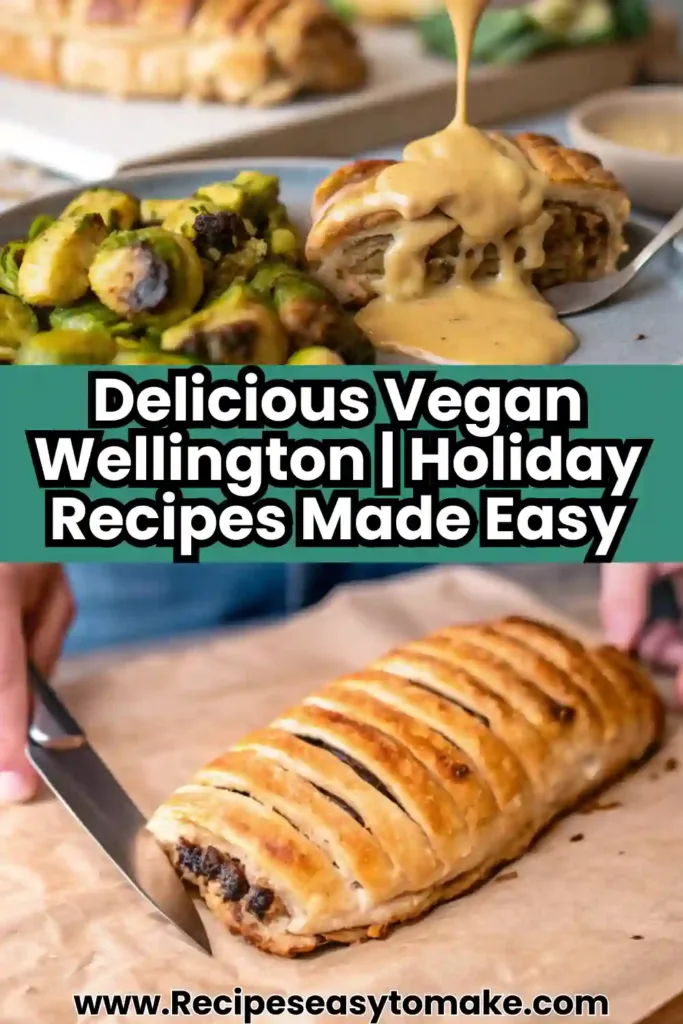 Vegan Wellington Recipe for Vegetarian Christmas Dinner and Vegan Thanksgiving Vegan Wellington Delicious Vegan Wellington pin image with golden pastry loaf and creamy gravy sauce