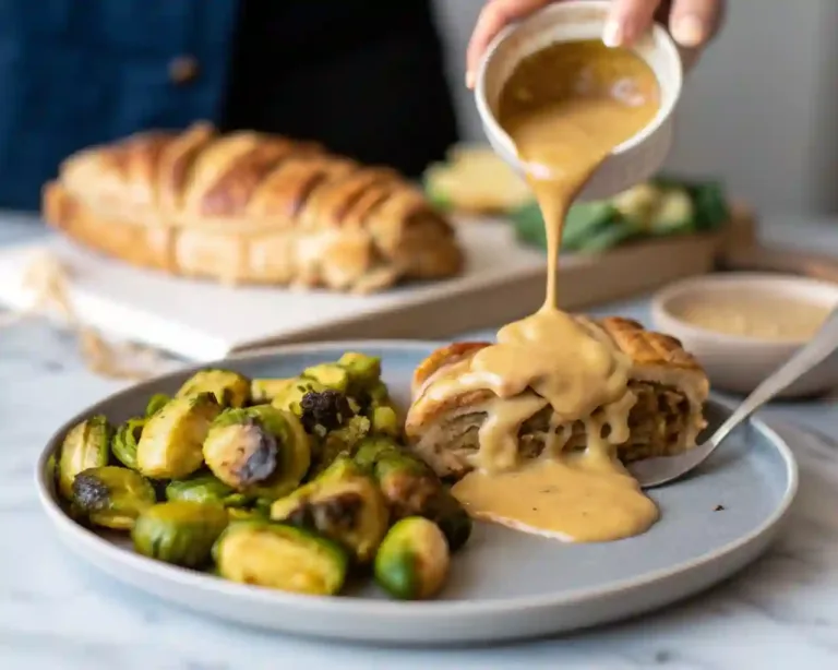 Vegan Wellington Recipe for Vegetarian Christmas Dinner and Vegan Thanksgiving Amish Apple Fritter Bread Close up of Delicious Vegan Wellington sliced open, showing savory filling with golden pastry