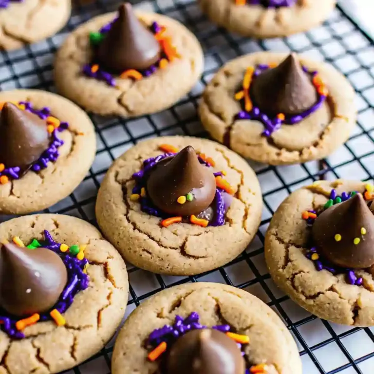 Witch Hat Cookies 3 Ingredient Halloween Goodies Olive Cheese Bread Close-up of Witch Hat Cookies decorated with Hershey’s Kisses and Halloween sprinkles.