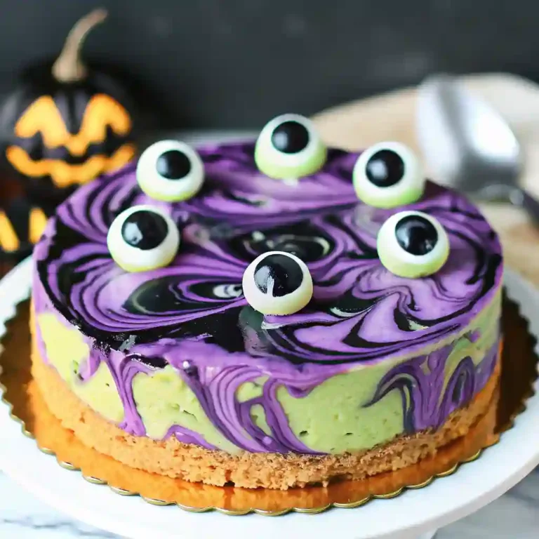 Witches Brew Swirl Cheesecake: Spooky Purple Dessert Recipe mascarpone stuffed dates Halloween cheesecake with green and purple witches brew swirl topped with edible candy eyeballs