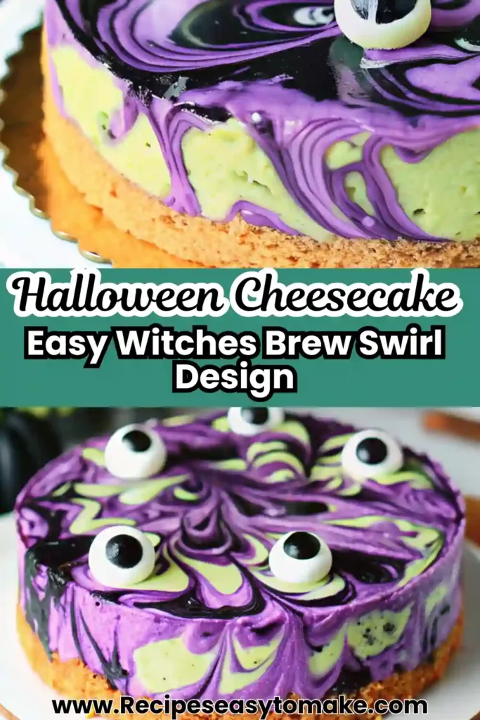 Witches Brew Swirl Cheesecake: Spooky Purple Dessert Recipe witches brew swirl cheesecake Swirled purple and green Halloween cheesecake on a cookie crust with creepy eyeball decorations