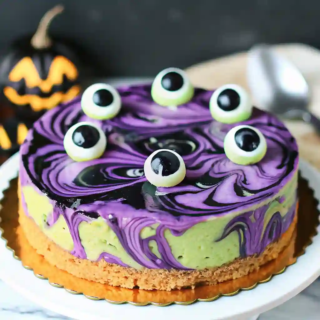 Witches Brew Swirl Cheesecake: Spooky Purple Dessert Recipe witches brew swirl cheesecake Halloween cheesecake with green and purple witches brew swirl topped with edible candy eyeballs
