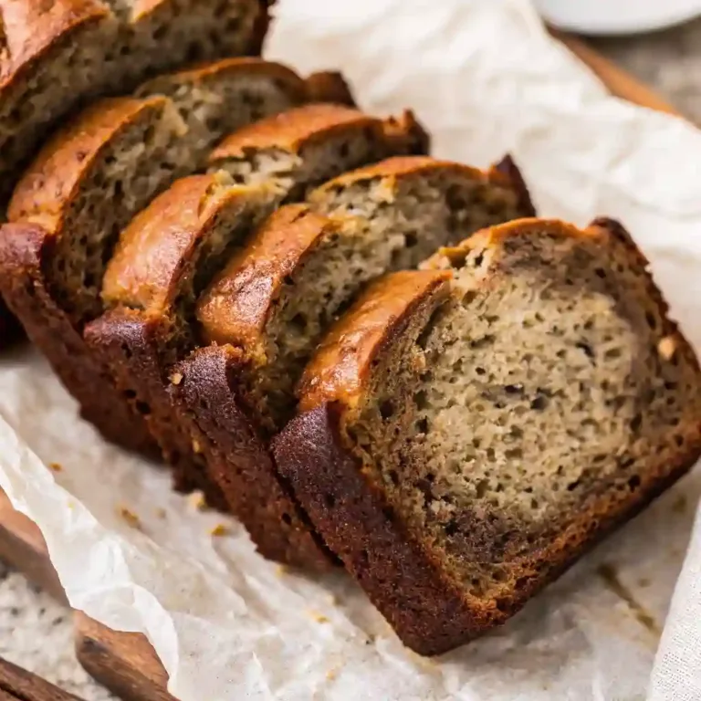 Old fashioned banana bread loaf sliced on parchment paper, soft and moist with a golden crust.
