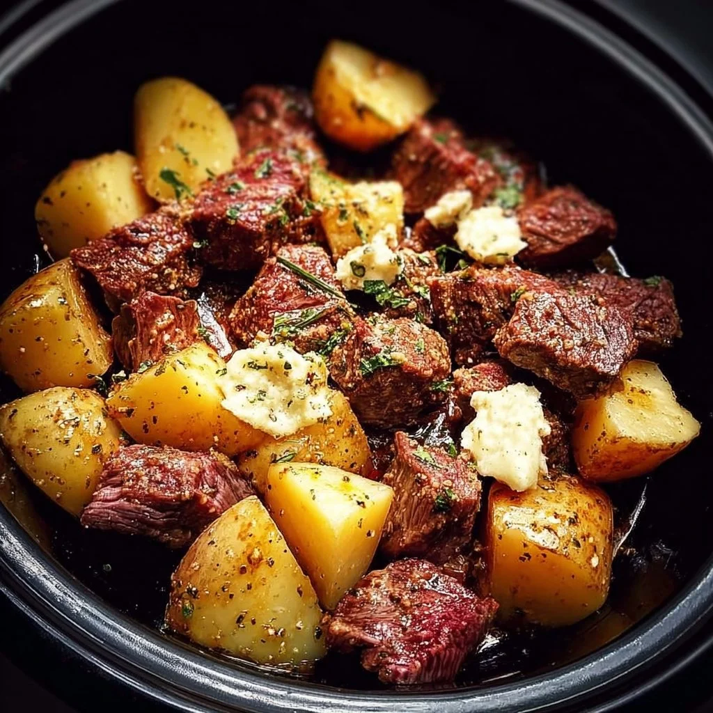 Crockpot garlic butter beef bites with potatoes served in a dish